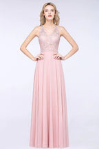 Elegantes Kleid mit Blumenapplikationen für Brautjungfern, staubrosa Chiffon, bodenlanges festliches Kleid