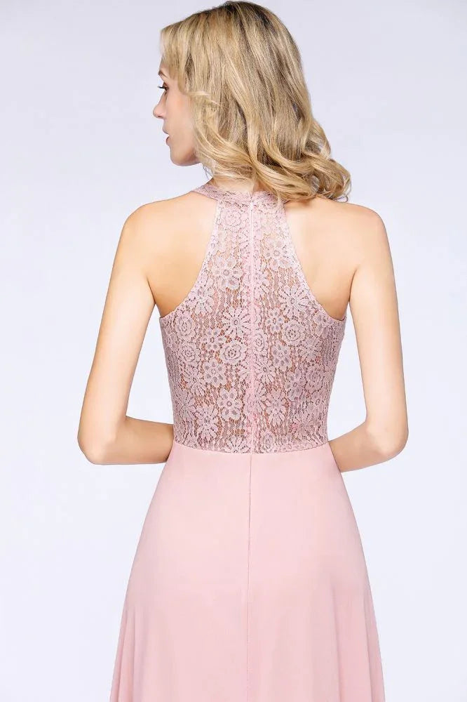 Elegantes Kleid mit Blumenapplikationen für Brautjungfern, staubrosa Chiffon, bodenlanges festliches Kleid