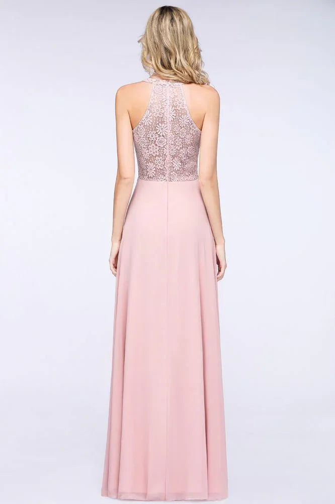 Elegantes Kleid mit Blumenapplikationen für Brautjungfern, staubrosa Chiffon, bodenlanges festliches Kleid