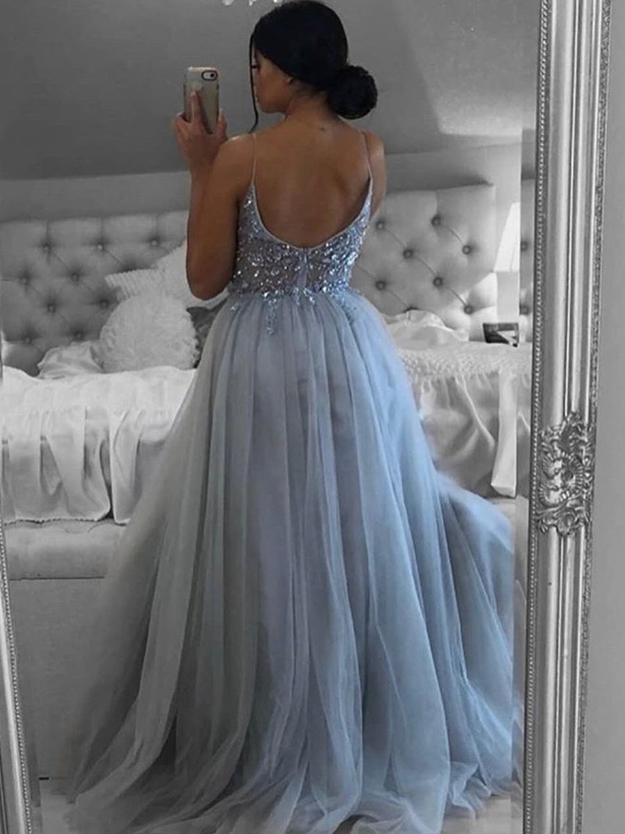 Elegante abito lungo grigio a linea ad A con scollo a V, schiena scoperta, perline e spacco, abito formale da ballo