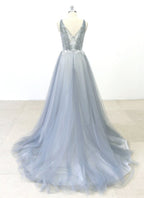 Elegant Gray Tulle Aline Wedding Dress Jewel Neckline Sweep Train On Sale