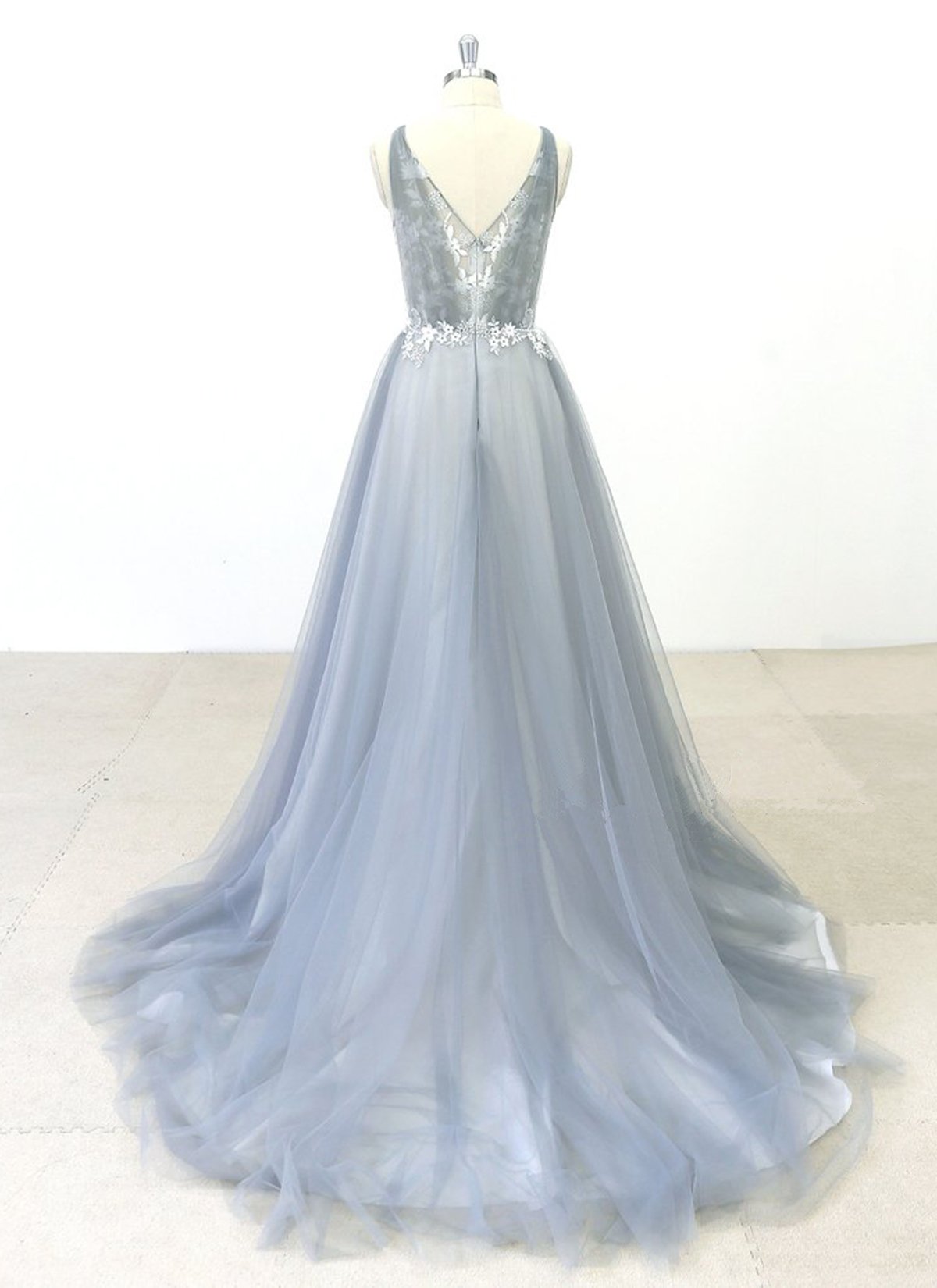 Elegant Gray Tulle Aline Wedding Dress Jewel Neckline Sweep Train On Sale