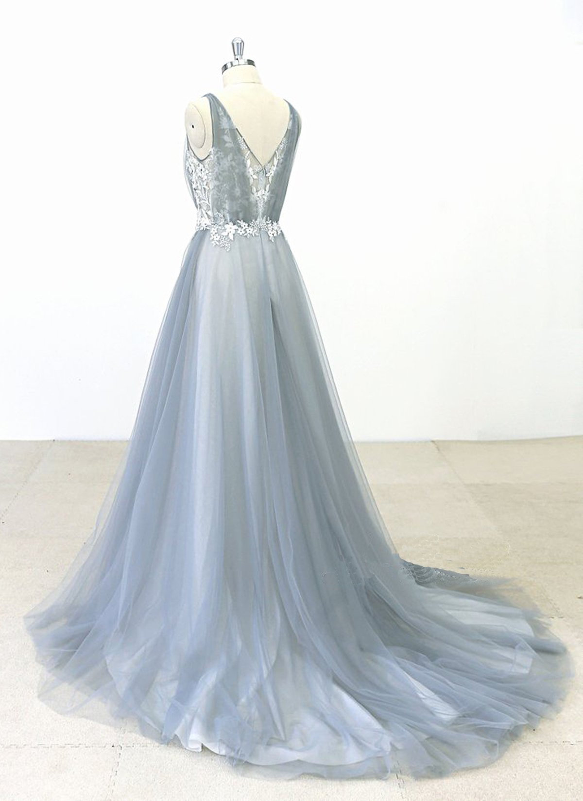 Elegant Gray Tulle Aline Wedding Dress Jewel Neckline Sweep Train On Sale