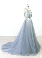 Elegant Gray Tulle Aline Wedding Dress Jewel Neckline Sweep Train On Sale