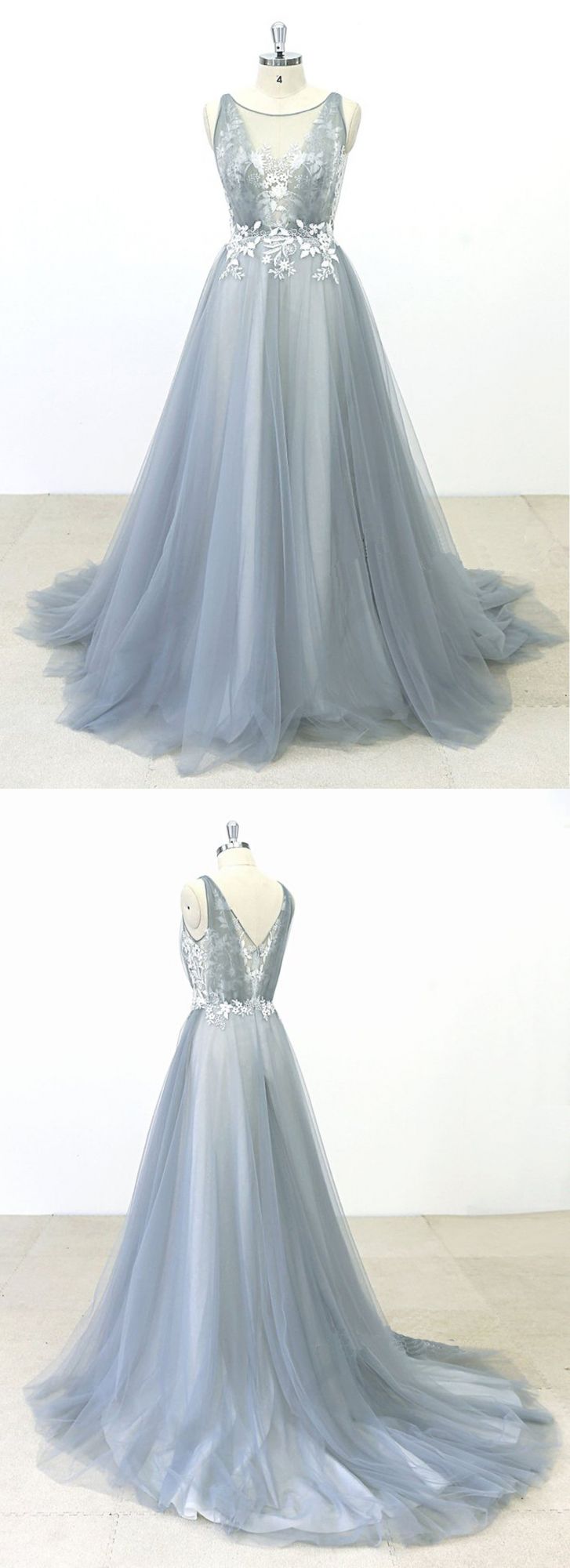 Elegant Gray Tulle Aline Wedding Dress Jewel Neckline Sweep Train On Sale