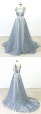 Elegant Gray Tulle Aline Wedding Dress Jewel Neckline Sweep Train On Sale