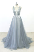 Elegant Gray Tulle Aline Wedding Dress Jewel Neckline Sweep Train On Sale