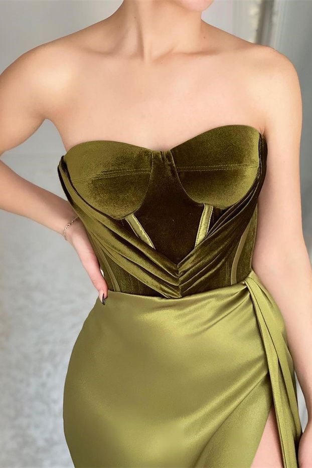 Robes de bal élégantes vertes, bustier, sans manches, en satin, coupe sirène avec fente