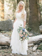 Boho Lace Wedding Dress With V Neck And Half Sleeves Back Zipper