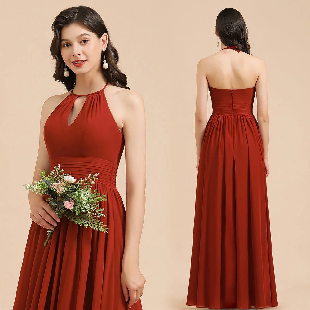 Vestido elegante de dama de honor sin mangas, con cuello halter, línea A, de gasa, largo hasta el suelo para fiesta de boda