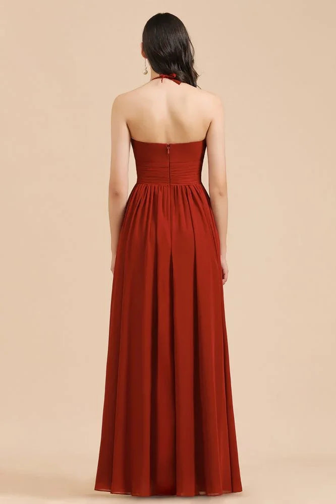 Vestido elegante de dama de honor sin mangas, con cuello halter, línea A, de gasa, largo hasta el suelo para fiesta de boda
