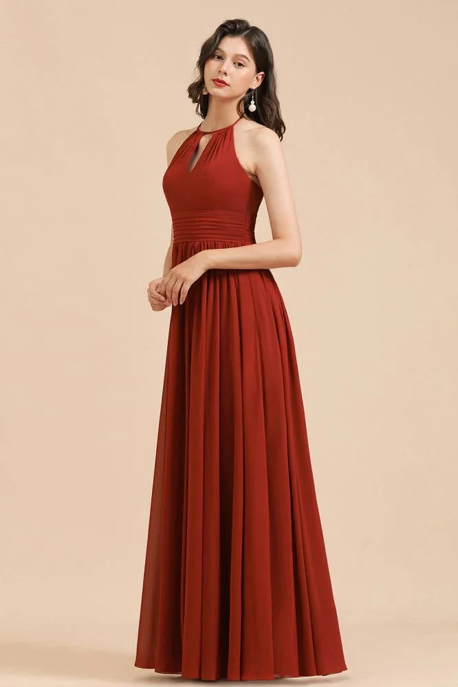 Vestido elegante de dama de honor sin mangas, con cuello halter, línea A, de gasa, largo hasta el suelo para fiesta de boda
