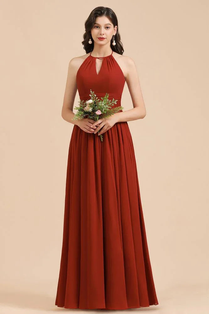 Vestido elegante de dama de honor sin mangas, con cuello halter, línea A, de gasa, largo hasta el suelo para fiesta de boda