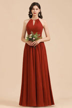 Vestido elegante de dama de honor sin mangas, con cuello halter, línea A, de gasa, largo hasta el suelo para fiesta de boda