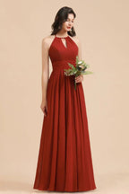 Vestido elegante de dama de honor sin mangas, con cuello halter, línea A, de gasa, largo hasta el suelo para fiesta de boda