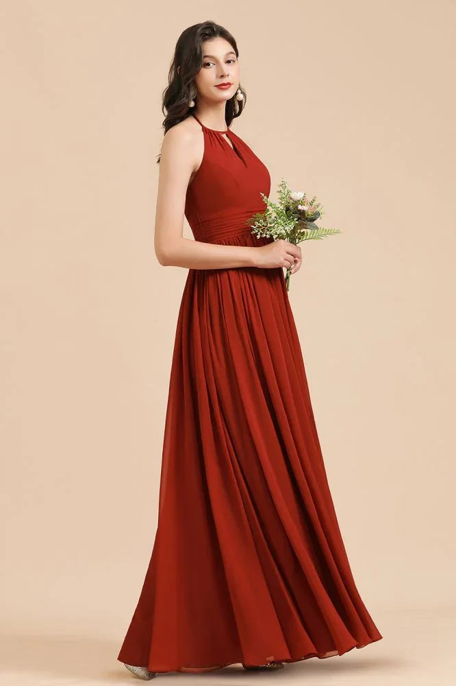 Vestido elegante de dama de honor sin mangas, con cuello halter, línea A, de gasa, largo hasta el suelo para fiesta de boda