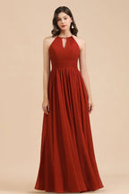 Vestido elegante de dama de honor sin mangas, con cuello halter, línea A, de gasa, largo hasta el suelo para fiesta de boda
