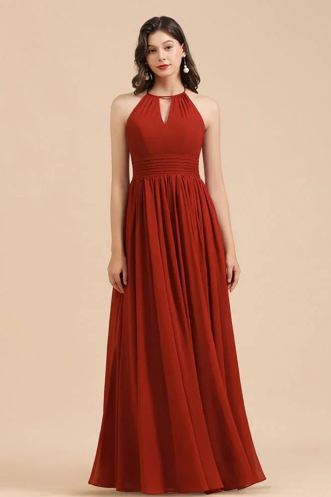 Vestido elegante de dama de honor sin mangas, con cuello halter, línea A, de gasa, largo hasta el suelo para fiesta de boda