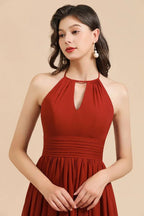 Vestido elegante de dama de honor sin mangas, con cuello halter, línea A, de gasa, largo hasta el suelo para fiesta de boda
