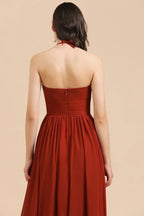 Vestido elegante de dama de honor sin mangas, con cuello halter, línea A, de gasa, largo hasta el suelo para fiesta de boda