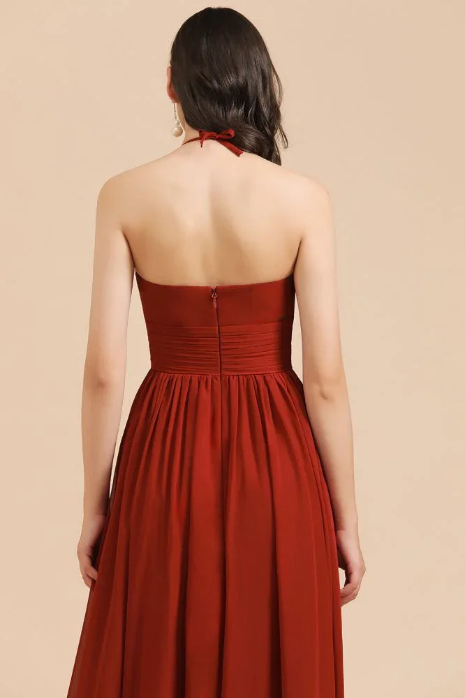 Vestido elegante de dama de honor sin mangas, con cuello halter, línea A, de gasa, largo hasta el suelo para fiesta de boda