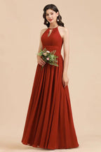 Vestido elegante de dama de honor sin mangas, con cuello halter, línea A, de gasa, largo hasta el suelo para fiesta de boda