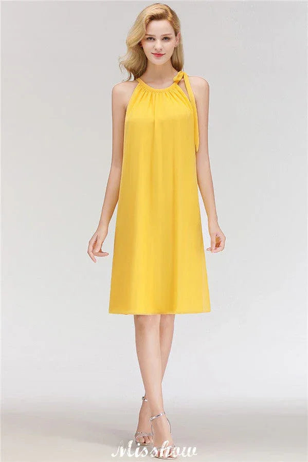 Vestidos de noite elegantes, simples, sem mangas, com gola halter, até ao joelho