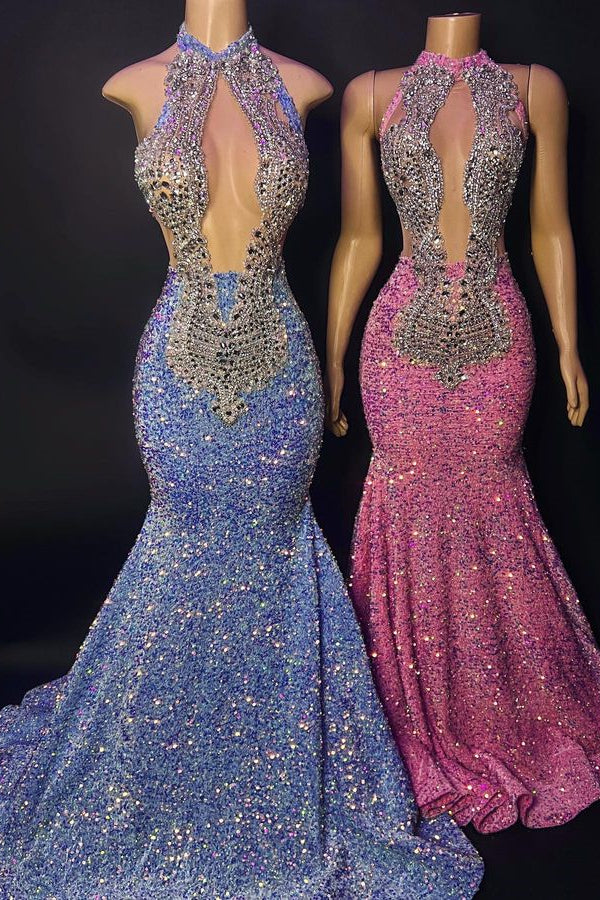 Elegante vestido de fiesta de sirena sin mangas con cuello halter y cuentas