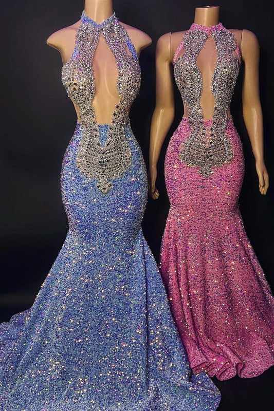 Elegante vestido de fiesta de sirena sin mangas con cuello halter y cuentas