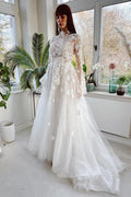 Elegant High Collar Long Sleeves A-Line Lace Wedding Dress with Chapel Train