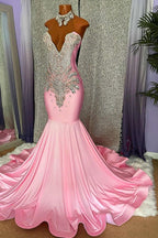 Robe de bal élégante sirène sans manches à col montant avec perles