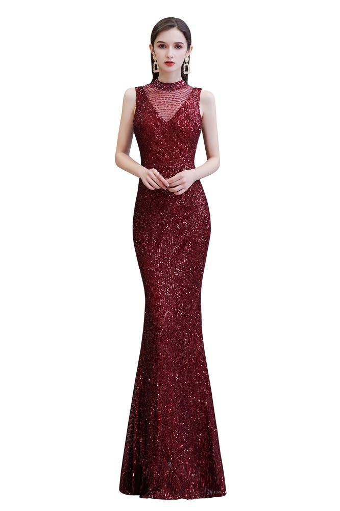 Robe de bal bordeaux sirène sans manches à col illusion élégant