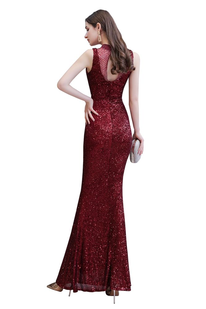 Robe de bal bordeaux sirène sans manches à col illusion élégant