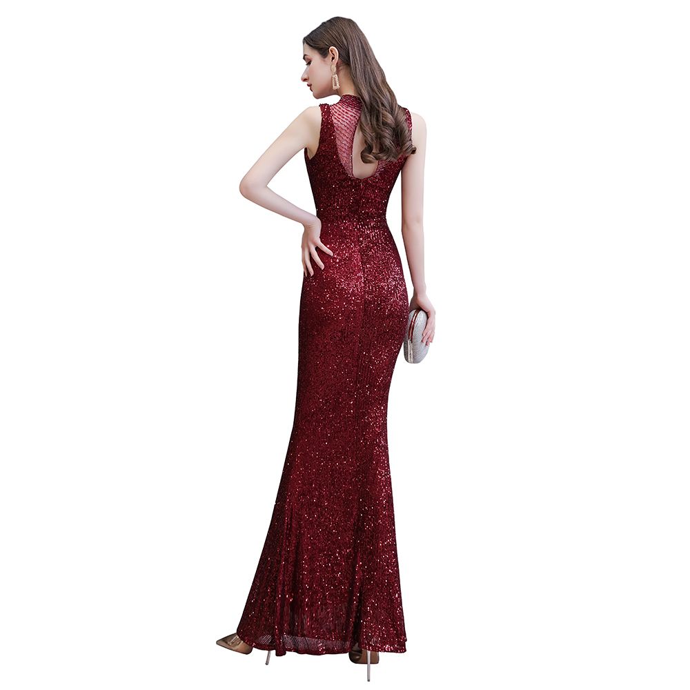 Robe de bal bordeaux sirène sans manches à col illusion élégant