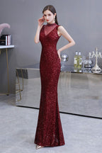 Robe de bal bordeaux sirène sans manches à col illusion élégant