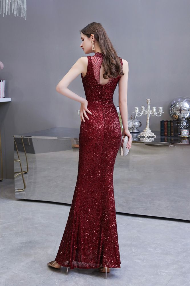 Robe de bal bordeaux sirène sans manches à col illusion élégant