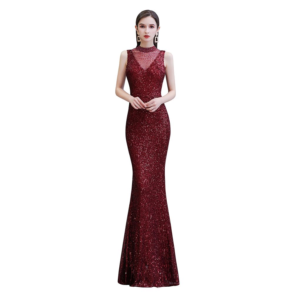 Robe de bal bordeaux sirène sans manches à col illusion élégant