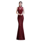 Robe de bal bordeaux sirène sans manches à col illusion élégant