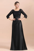 Vestido de Mãe da Noiva Elegante com Rendas de Cetim Pretas, Folhos e Mangas 3/4 à Venda