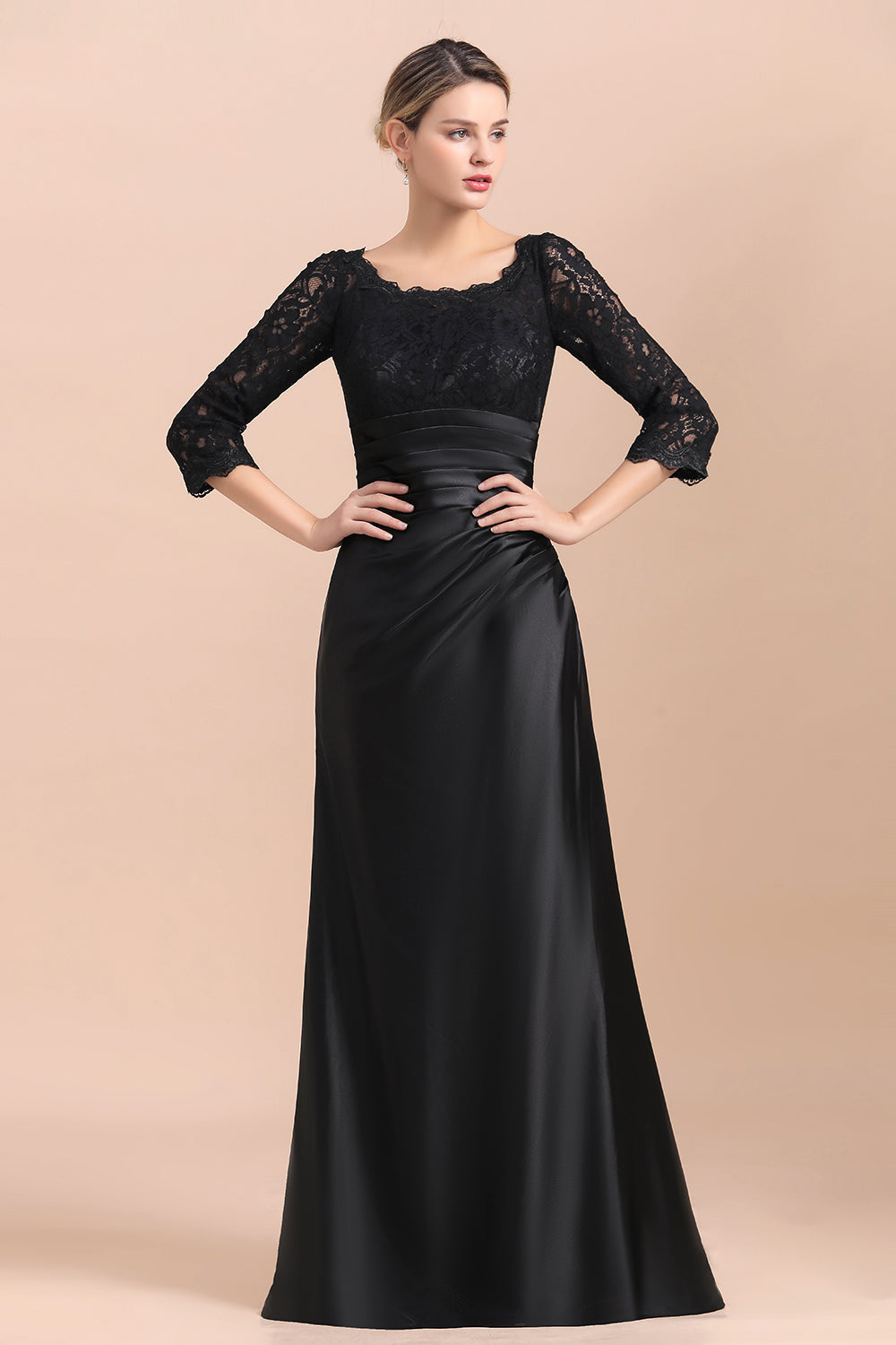 Elegante vestido de novia de satén negro con mangas 3/4 y volantes de encaje, en oferta.