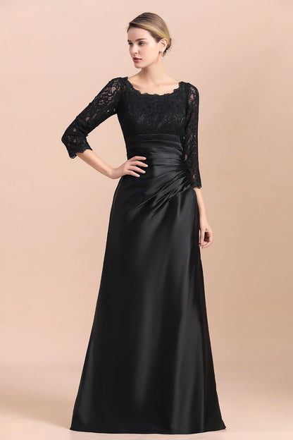 Elegante vestido de novia de satén negro con mangas 3/4 y volantes de encaje, en oferta.