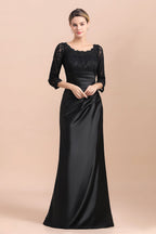 Vestido de Mãe da Noiva Elegante com Rendas de Cetim Pretas, Folhos e Mangas 3/4 à Venda