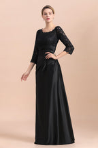 Vestido de Mãe da Noiva Elegante com Rendas de Cetim Pretas, Folhos e Mangas 3/4 à Venda