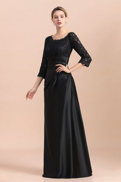 Elegante vestido de novia de satén negro con mangas 3/4 y volantes de encaje, en oferta.