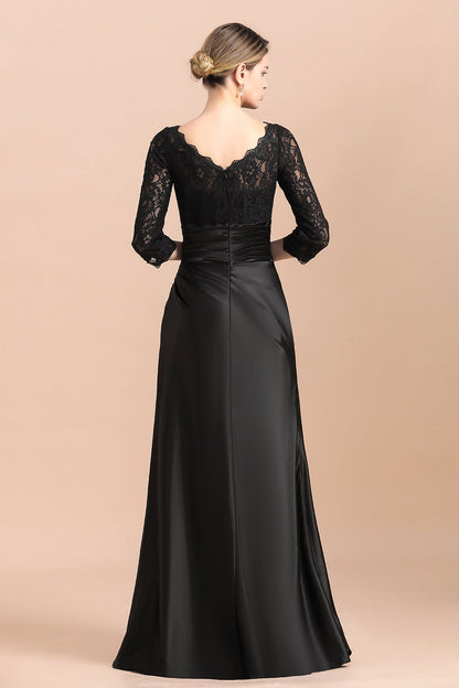 Elegante vestido de novia de satén negro con mangas 3/4 y volantes de encaje, en oferta.