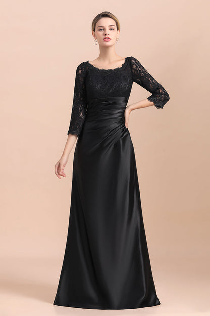 Elegante vestido de novia de satén negro con mangas 3/4 y volantes de encaje, en oferta.