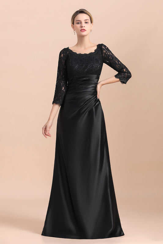 Elegante vestido de novia de satén negro con mangas 3/4 y volantes de encaje, en oferta.