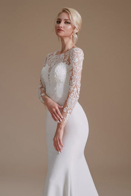 Robes de mariée élégantes en satin à manches longues, coupe sirène, longueur au sol, avec motif