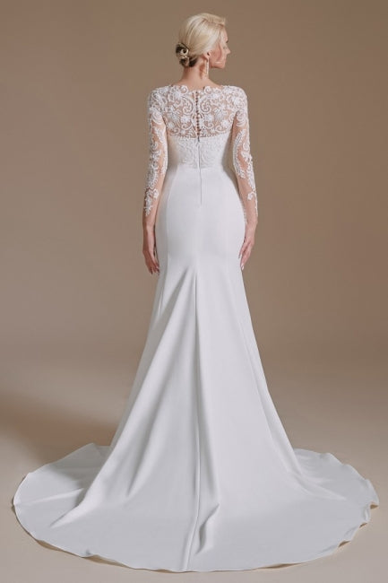 Robes de mariée élégantes en satin à manches longues, coupe sirène, longueur au sol, avec motif