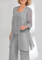 Vestido de Mãe Elegante em Dois Peças com Mangas Compridas em Chiffon